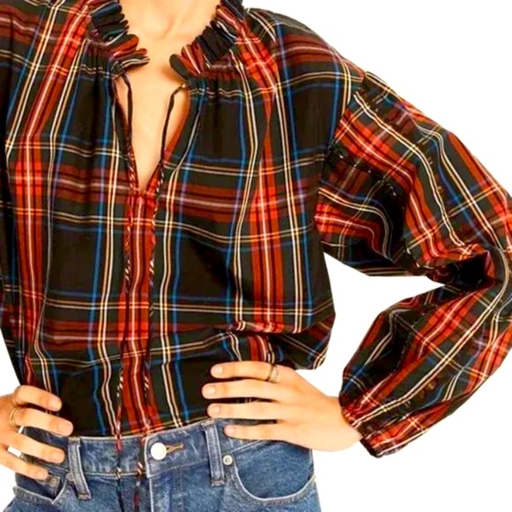 J.Crew Scalloped Tie Neck Stewart Tartan Plaid Poplin Top
